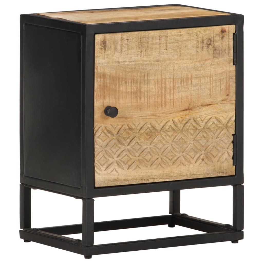 vidaXL Solid Rough Mango Wood Bedside Cabinet with Carved Door Nightstand Storage Bed Cabinet Telephone Holder Living Room Interior Bedroom